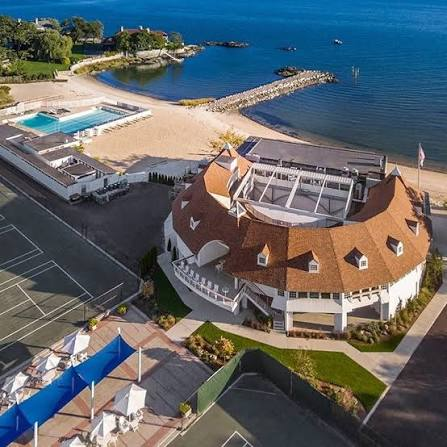The Tokeneke Club clubhouse, pool, and beach on Long Island Sound